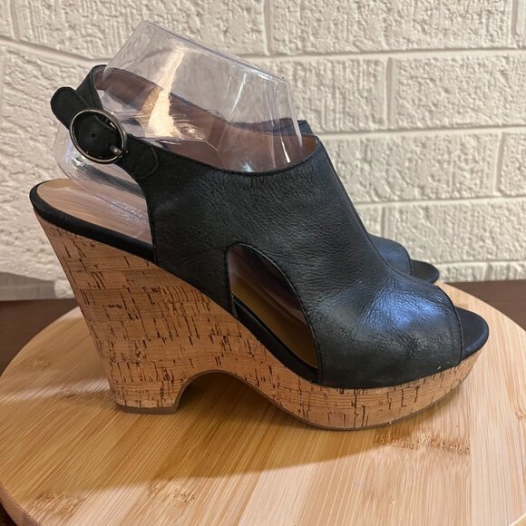 Franco Sarto Gabriel Black Peep Toe Leather Slingback Cork Heel Size 9.5 - Picture 2 of 9
